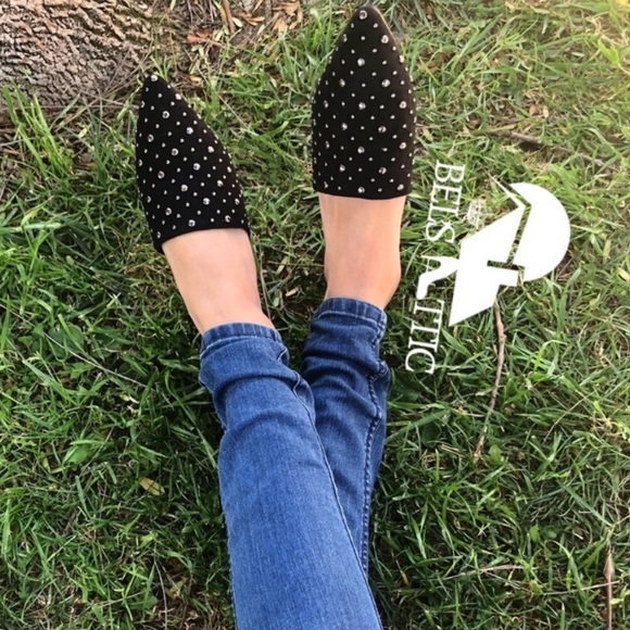 Shoes - Black Pointed Toe Studded Slip On Mules